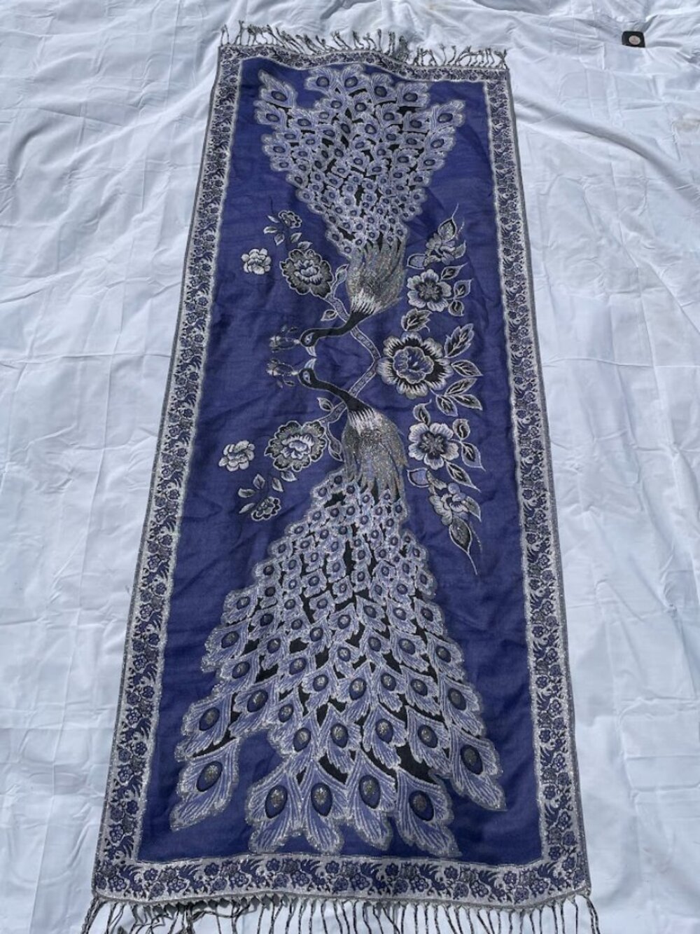 LRSM Large Blue and Silver Double Peacock Shawl Table Runner w/Fringe Reversible